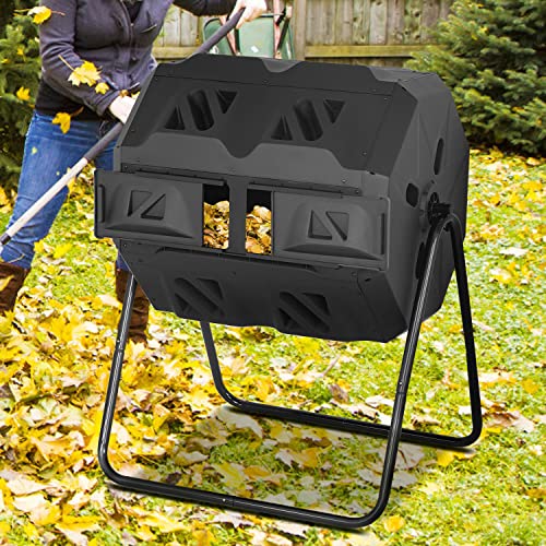 Outdoor Dual Chamber Tumbling Composter - 43 Gallon Compost Tumbling Bin,360° Compost Tumbler Bucket Trash Can,Composter BPA Free Dual Chamber Composting Rotating for Garden Yard (Black)