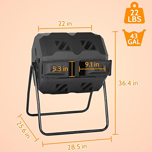 Outdoor Dual Chamber Tumbling Composter - 43 Gallon Compost Tumbling Bin,360° Compost Tumbler Bucket Trash Can,Composter BPA Free Dual Chamber Composting Rotating for Garden Yard (Black)