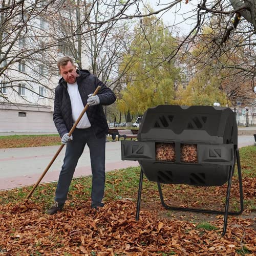 Outdoor Dual Chamber Tumbling Composter - 43 Gallon Compost Tumbling Bin,360° Compost Tumbler Bucket Trash Can,Composter BPA Free Dual Chamber Composting Rotating for Garden Yard (Black)