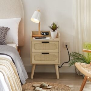 mid-century modern 2-drawer nightstand with charging station and natural rattan drawer solid wood end side table bohemian eclectic mid-century finish