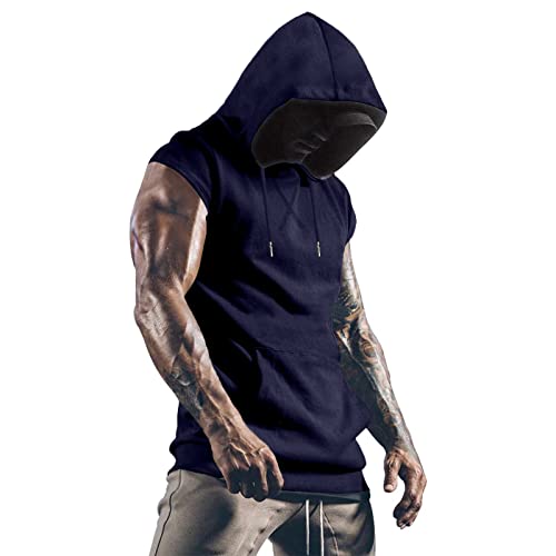 Rela Bota Mens Workout Hooded Tank Tops Sleeveless Gym Muscle Bodybuilding Hoodies With Athletic Pocket Cut Off T-Shirts Navy Blue