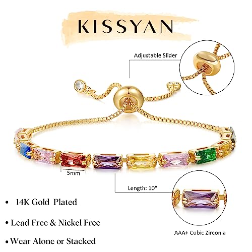 KissYan Tennis Bracelet for Women, 14K Gold Plated Cubic Zirconia Adjustable Slider Bracelets Classic Trendy Jewelry Gift for Girls(Colorful)