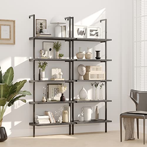 Bevfint 5-Tier Industrial Ladder Shelf Rustic Wall Mounted Metal Frame Bookcases, Multi-Use Open Shelf for Storage Organizer Plants Rack for Office and Home, Living Room, Bedroom - Black Marble Board