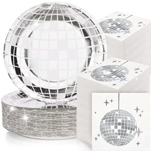 200 pcs 70s disco party supplies includes disco ball paper plates and disco cocktail napkins silver disco paper plates disco napkins for 80s 90s disco bachelorette birthday party picnic (white)