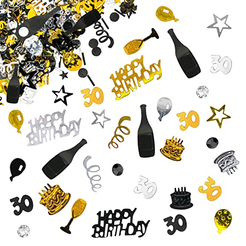 Giftota 30th Anniversary Happy Birthday Confetti Foils, Number 30 Table Birthday Confetti Decorations Party Supplies, Black Gold Silver, 3.53 oz