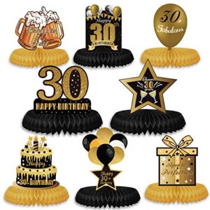 htdzzi cheers to 30 years birthday decorations, 30th birthday decorations for him her, 8pcs black gold happy 30th birthday table honeycomb centerpieces, thirty birthday party decorations supplies