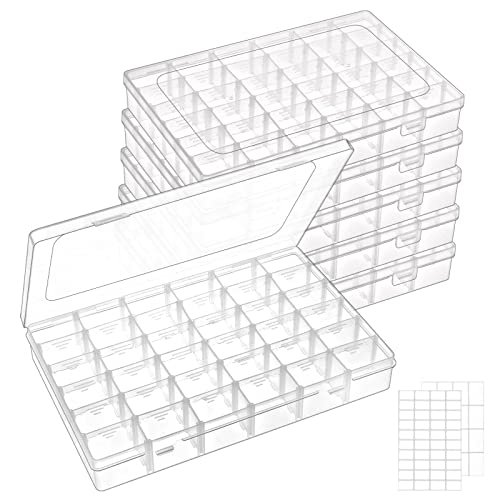 QUEFE 6 Pack 36 Grids Clear Plastic Organizer Storage Box Container, Craft Storage with Adjustable Dividers for Beads, Art DIY, Crafts, Jewelry, Fishing Tackle with Label Stickers