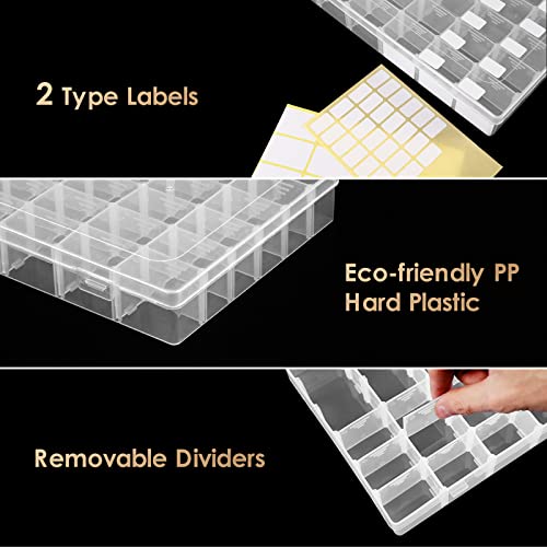 QUEFE 6 Pack 36 Grids Clear Plastic Organizer Storage Box Container, Craft Storage with Adjustable Dividers for Beads, Art DIY, Crafts, Jewelry, Fishing Tackle with Label Stickers