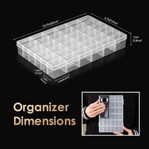 QUEFE 6 Pack 36 Grids Clear Plastic Organizer Storage Box Container, Craft Storage with Adjustable Dividers for Beads, Art DIY, Crafts, Jewelry, Fishing Tackle with Label Stickers