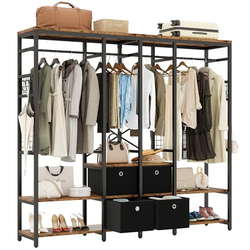 IRONCK Garment Racks with Shelves 4 Drawers and 8 Hooks Heavy Duty Closet Organizer for Hanging Clothes, Freestanding Closet Wardrobe Rack, Vintage Brown