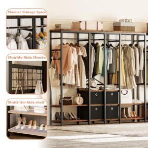 IRONCK Garment Racks with Shelves 4 Drawers and 8 Hooks Heavy Duty Closet Organizer for Hanging Clothes, Freestanding Closet Wardrobe Rack, Vintage Brown