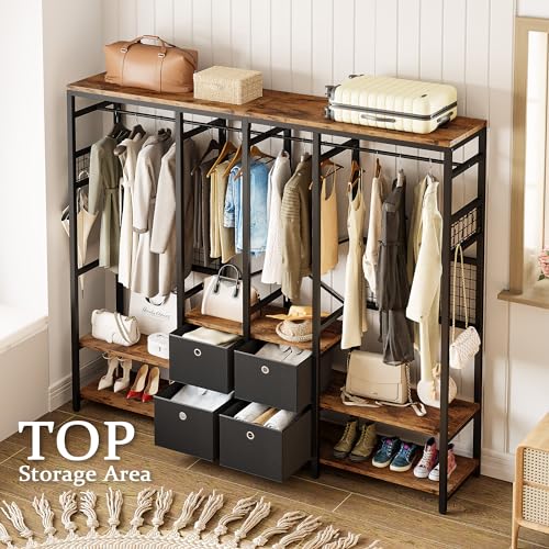 IRONCK Garment Racks with Shelves 4 Drawers and 8 Hooks Heavy Duty Closet Organizer for Hanging Clothes, Freestanding Closet Wardrobe Rack, Vintage Brown