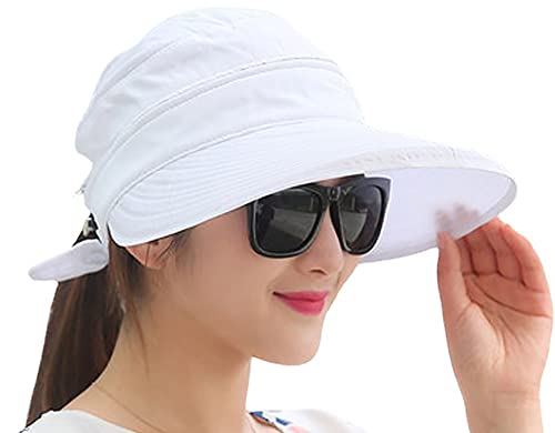 Women Beach Hat Wide Brim Summer Sun Fishing Hat UPF 50+ Protection Zip Off 2 in 1 Visors Packable for Outdoor Travel Camping White