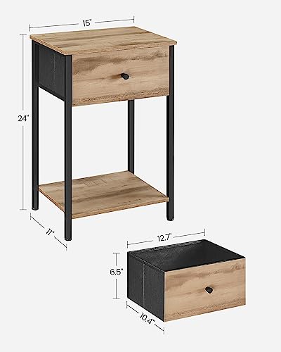 VASAGLE Nightstand, Side Fabric Drawer, 24-Inch Tall End Table with Storage Shelf, Bedroom, Toasted Oak