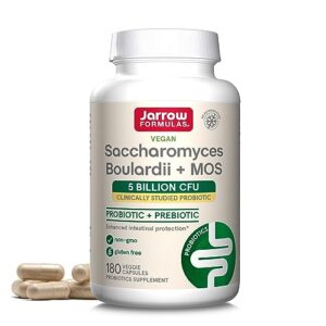 jarrow formulas saccharomyces boulardii + mos, clinically studied probiotic+prebiotic supplement, 5 billion cfu, 180 servings (veggie caps), enhanced intestinal tract support & protection (pack of 12)