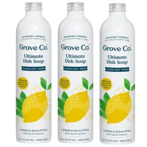 grove co. ultimate dish soap refills (3 x16 fl oz) removes 48-hr stuck-on food and grease, plastic free cleaning products, 100% natural lemon & eucalyptus fragrance