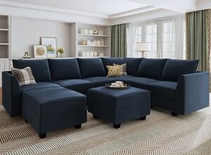 honbay convertible sectional sofa modular couch with reversible chaise velvet u shaped couch sleeper sectional sofa set with storage ottoman, dark blue