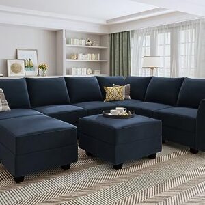 HONBAY Convertible Sectional Sofa Modular Couch with Reversible Chaise Velvet U Shaped Couch Sleeper Sectional Sofa Set with Storage Ottoman, Dark Blue