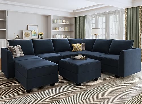 HONBAY Convertible Sectional Sofa Modular Couch with Reversible Chaise Velvet U Shaped Couch Sleeper Sectional Sofa Set with Storage Ottoman, Dark Blue