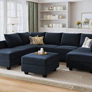 HONBAY Convertible Sectional Sofa Modular Couch with Reversible Chaise Velvet U Shaped Couch Sleeper Sectional Sofa Set with Storage Ottoman, Dark Blue