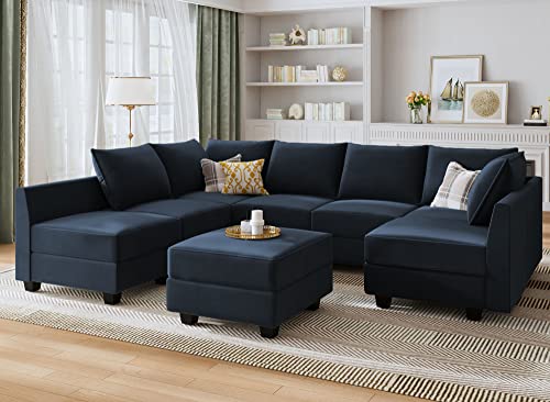 HONBAY Convertible Sectional Sofa Modular Couch with Reversible Chaise Velvet U Shaped Couch Sleeper Sectional Sofa Set with Storage Ottoman, Dark Blue