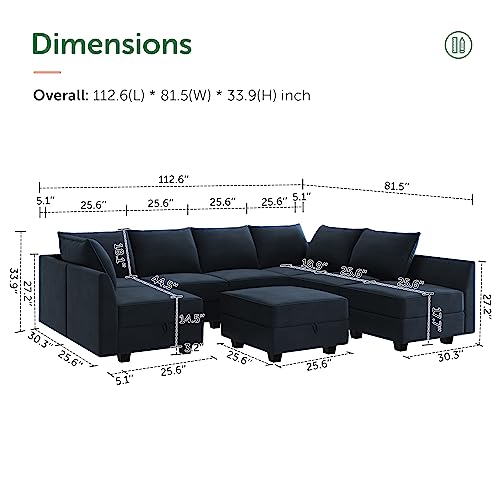 HONBAY Convertible Sectional Sofa Modular Couch with Reversible Chaise Velvet U Shaped Couch Sleeper Sectional Sofa Set with Storage Ottoman, Dark Blue