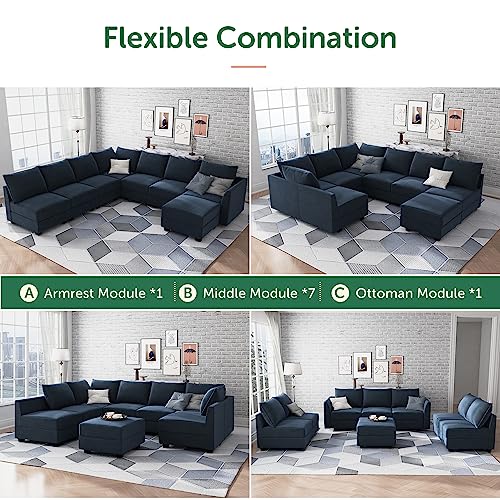 HONBAY Convertible Sectional Sofa Modular Couch with Reversible Chaise Velvet U Shaped Couch Sleeper Sectional Sofa Set with Storage Ottoman, Dark Blue