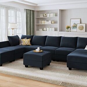 HONBAY Modular Sectional Sofa Set Oversized U Shaped Couch with Storage Ottoman Convertible Sleeper Sectional Sofa Velvet Modular Couch with Wide Chaise, Dark Blue