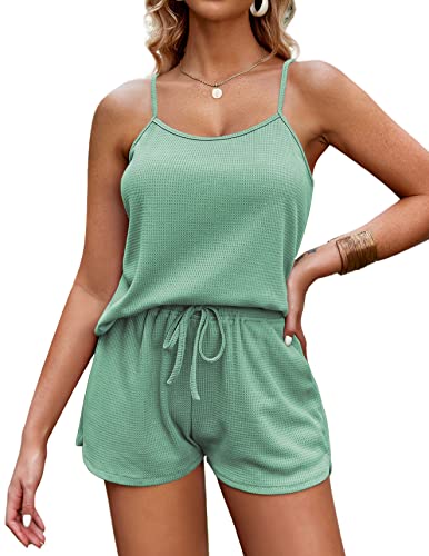 Ekouaer Pajamas for Women Waffle Knit Lounge Sets Cami Tops Shorts Loungewear S-XXL Green