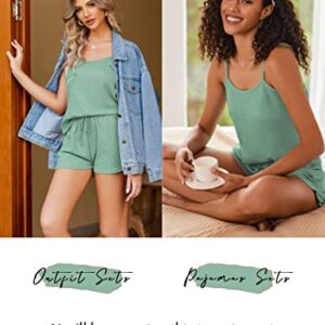 Ekouaer Pajamas for Women Waffle Knit Lounge Sets Cami Tops Shorts Loungewear S-XXL Green