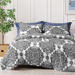 phf washed soft duvet cover set california king size, 3 piece boho paisley printed comforter cover set, ultra soft comfy durable floral farmhouse duvet cover with zipper closure, 104x98, black