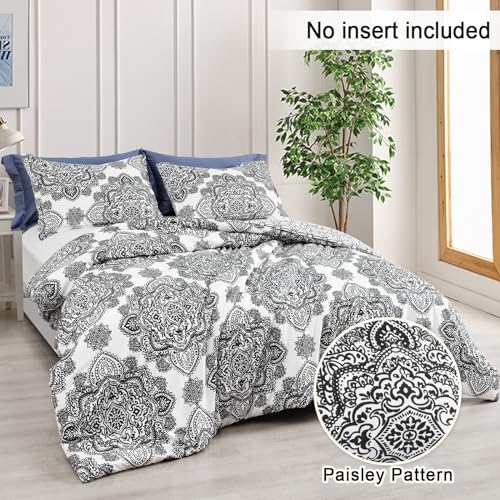PHF Washed Soft Duvet Cover Set California King Size, 3 Piece Boho Paisley Printed Comforter Cover Set, Ultra Soft Comfy Durable Floral Farmhouse Duvet Cover with Zipper Closure, 104x98, Black