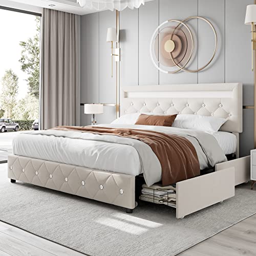 Keyluv King Size LED Bed Frame with 4 Storage Drawers, Velvet Upholstered Platform Bed with Adjustable Crystal Button Tufted Headboard and Solid Wooden Slats Support, No Box Spring Needed, Beige