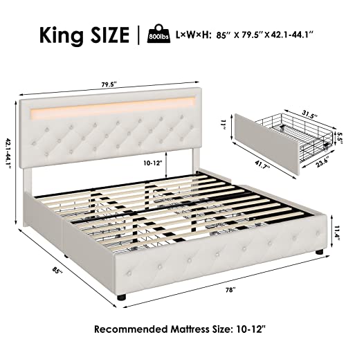 Keyluv King Size LED Bed Frame with 4 Storage Drawers, Velvet Upholstered Platform Bed with Adjustable Crystal Button Tufted Headboard and Solid Wooden Slats Support, No Box Spring Needed, Beige