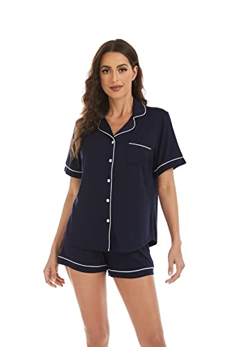 LUBOT Women's Pajamas Set Short Sleeve Button-Down Shirt PJ Pants Two-piece Shorts Set Summer Night Suit Sleepwear Loungewear (Navy Blue, M)