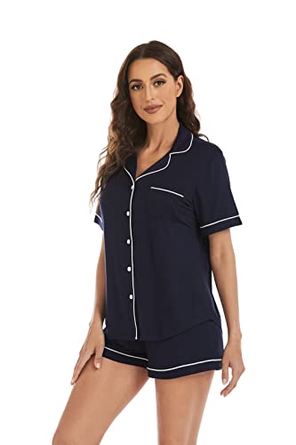LUBOT Women's Pajamas Set Short Sleeve Button-Down Shirt PJ Pants Two-piece Shorts Set Summer Night Suit Sleepwear Loungewear (Navy Blue, M)