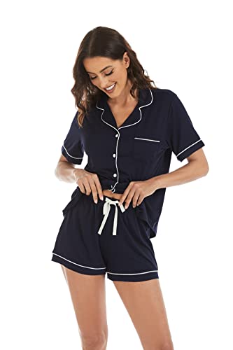 LUBOT Women's Pajamas Set Short Sleeve Button-Down Shirt PJ Pants Two-piece Shorts Set Summer Night Suit Sleepwear Loungewear (Navy Blue, M)