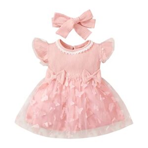 PATPAT 2pcs Baby Girl Ribbed Knit Flutter-Sleeve Splicing 3D Butterfly Applique Tulle Dress with Headband Set Pink 6-9 Months