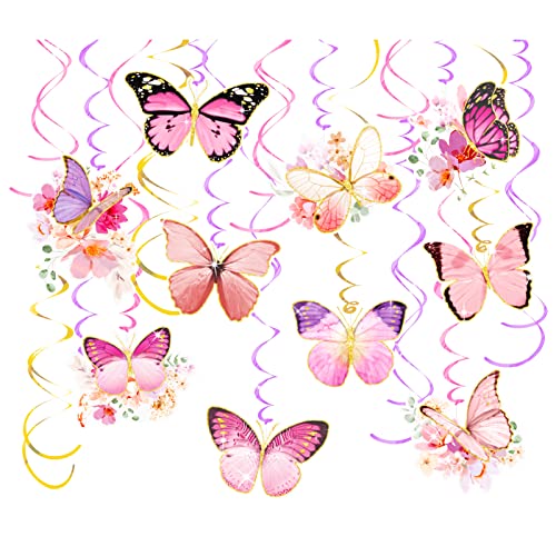 AOBKIAT Butterfly Baby Girl Birthday Decorations,30-Pieces Hanging Swirls Streamers Decorations with Real Glitter for Baby Shower,Wedding,Room Wall Decor,Spring Summer Garden Party