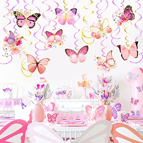 AOBKIAT Butterfly Baby Girl Birthday Decorations,30-Pieces Hanging Swirls Streamers Decorations with Real Glitter for Baby Shower,Wedding,Room Wall Decor,Spring Summer Garden Party