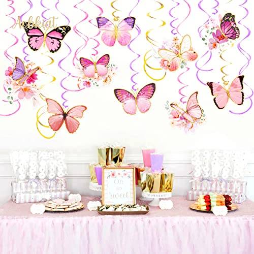 AOBKIAT Butterfly Baby Girl Birthday Decorations,30-Pieces Hanging Swirls Streamers Decorations with Real Glitter for Baby Shower,Wedding,Room Wall Decor,Spring Summer Garden Party