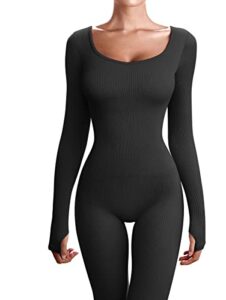 oqq women's yoga ribbed one piece long sleeve workout jumpsuit, black, large