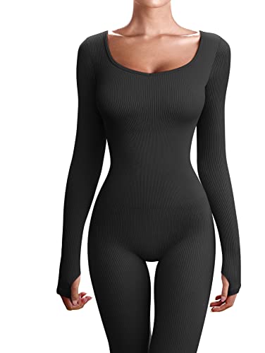 OQQ Women's Yoga Ribbed One Piece Long Sleeve Workout JumpSuit, Black, Large