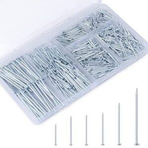 kurui 700pcs hardware nails for hanging pictures assorted kit, up to 2"-long picture hanging nails for wall drywall wood, 6 sizes nails assortment kit, 640 frame nails and 60 small finishing nails