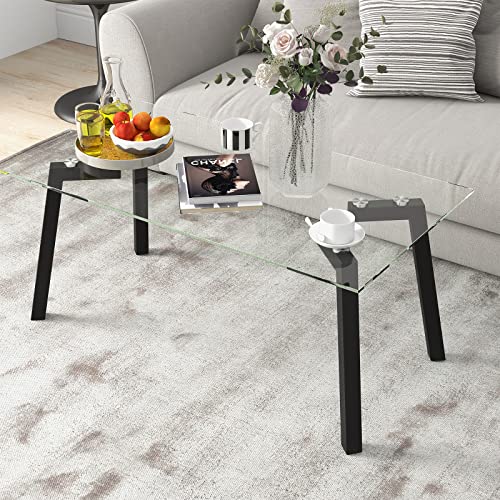 Tangkula Tempered Glass Coffee Table, Rectangular Center Table with Heavy Duty Metal Frame, Modern Minimalist Cocktail Table, Clear Tea Table for Living Room Reception Office, 44 x 24 x 18 Inch