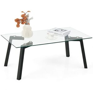 Tangkula Tempered Glass Coffee Table, Rectangular Center Table with Heavy Duty Metal Frame, Modern Minimalist Cocktail Table, Clear Tea Table for Living Room Reception Office, 44 x 24 x 18 Inch