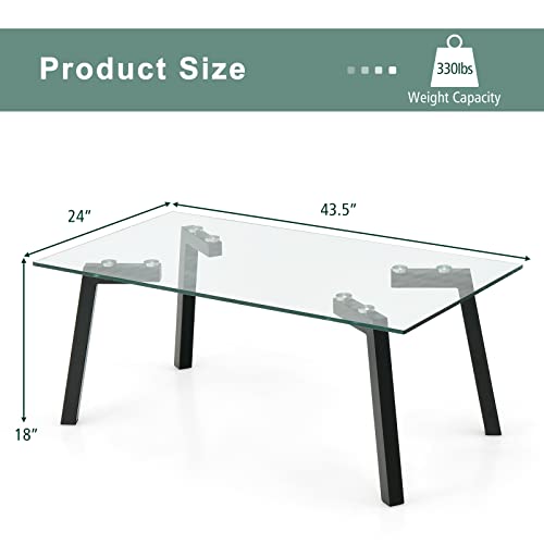 Tangkula Tempered Glass Coffee Table, Rectangular Center Table with Heavy Duty Metal Frame, Modern Minimalist Cocktail Table, Clear Tea Table for Living Room Reception Office, 44 x 24 x 18 Inch