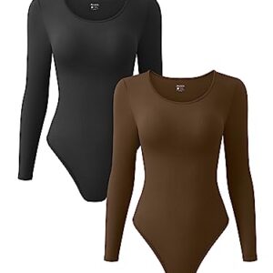 OQQ Women's 2 Piece Sexy Ribbed One Crewneck Long Sleeve BodySuit, Black Coffee, Medium