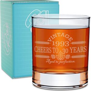 30th birthday gifts for him - 11 oz engraved bourdon glass - vintage 1993 cheers to 30 year old birthday gift for men- dirty thirty ideas for decorations & presents - 30 birthday gifts for men man