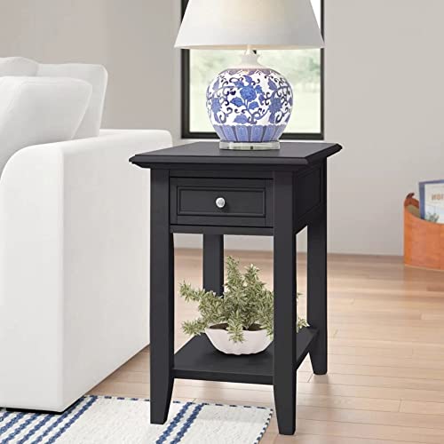 Simple Style 24" Tall Side Accent Livingroom End Table | Unique Pull Out Drawer with Built in Spacious Lower Shelf for Storage | Pretty 2 Toned Finish Solid Wood Manufactured Antique Black Color